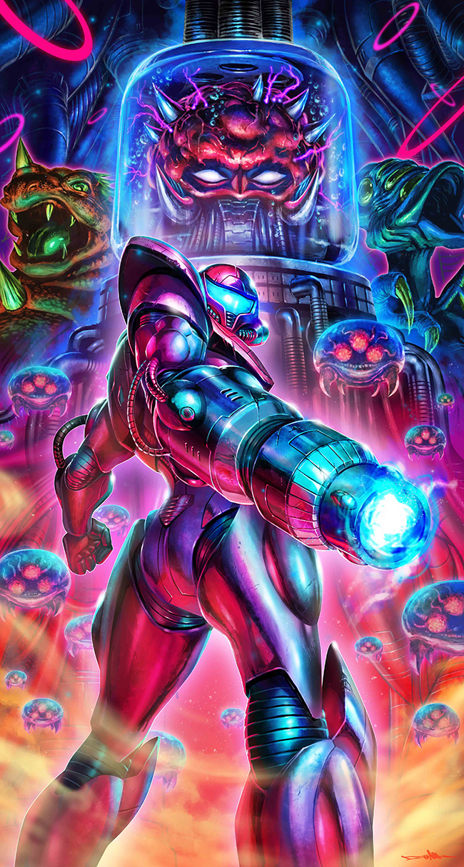 samus aran, metroid, metroid larva, ridley, mother brain, and 1 more (metroid) drawn by yasukuni_kazumasa