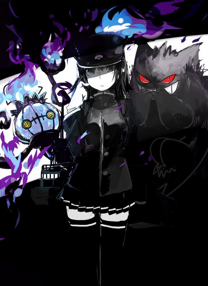 akitsu maru, gengar, akitsu maru kai, and chandelure (kantai collection and 1 more) drawn by custom_(cus-tom)