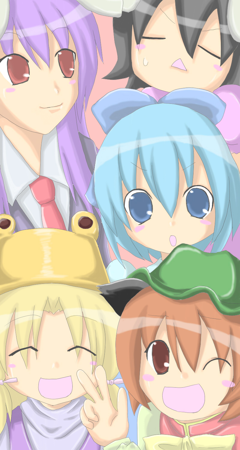 cirno, reisen udongein inaba, moriya suwako, chen, and inaba tewi (touhou) drawn by myamo
