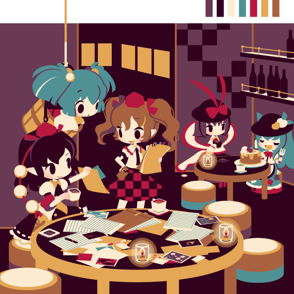 shameimaru aya, hinanawi tenshi, himekaidou hatate, nagae iku, and kisume (touhou and 1 more) drawn by shinonoko