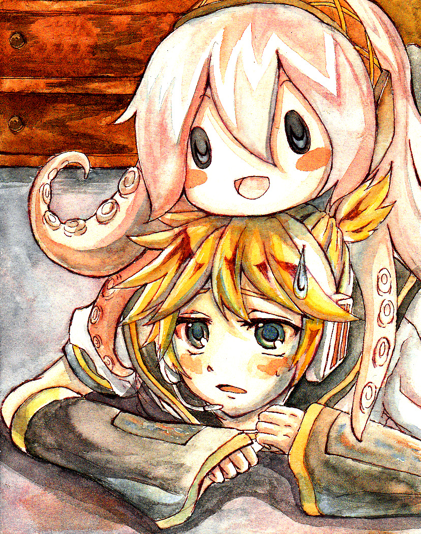 kagamine len, megurine luka, and takoluka (vocaloid) drawn by shuu_(pe-po)
