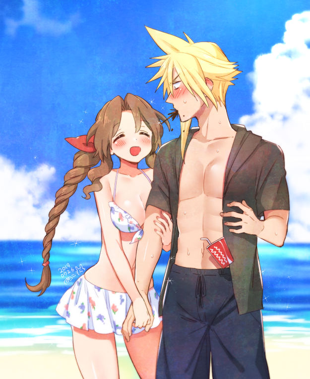 cloud strife and aerith gainsborough (final fantasy and 2 more) drawn by krudears