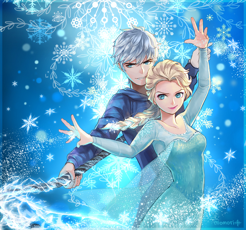 elsa and jack frost (frozen and 1 more) drawn by momori