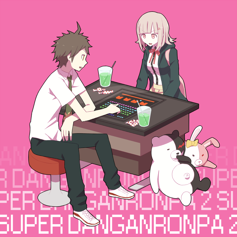 nanami chiaki, hinata hajime, monokuma, and monomi (danganronpa and 2 more) drawn by yow