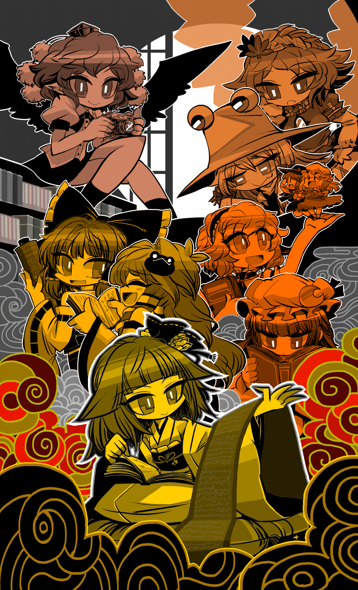 hakurei reimu, kochiya sanae, alice margatroid, patchouli knowledge, shameimaru aya, and 5 more (touhou) drawn by yt_(wai-tei)