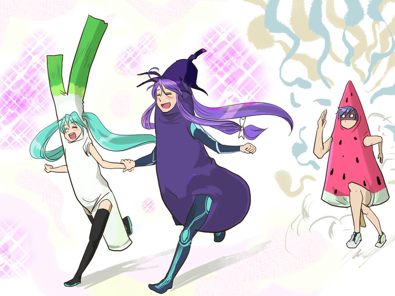 hatsune miku, kaito, and kamui gakupo (vocaloid) drawn by gomoku