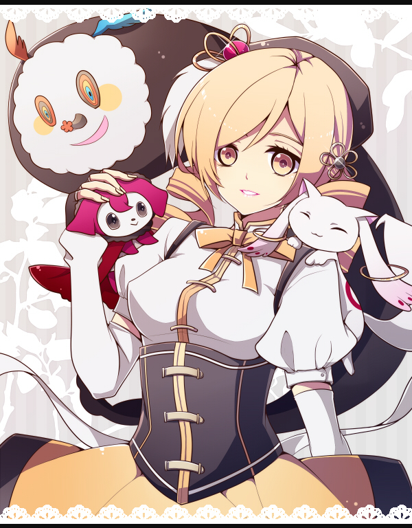 tomoe mami, kyubey, and charlotte (mahou shoujo madoka magica) drawn by aki_(chromaticclip)