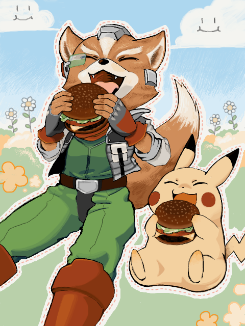 pikachu and fox mccloud (pokemon and 2 more) drawn by nyanta_(tegaki)