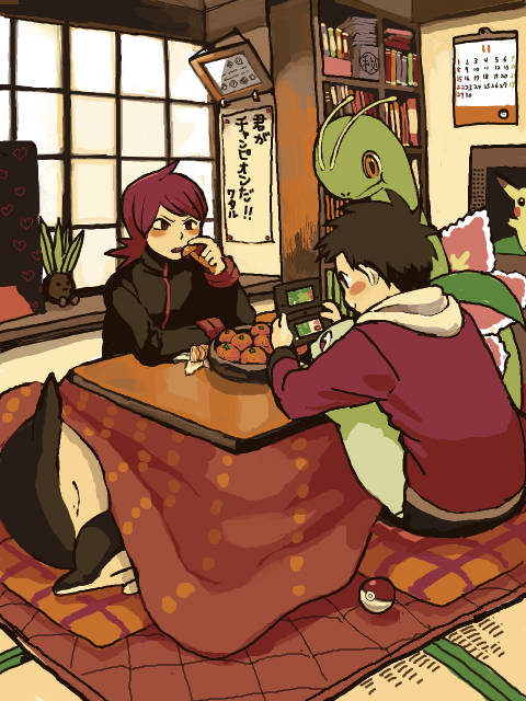 pikachu, ethan, silver, typhlosion, and meganium (pokemon and 1 more) drawn by moiko