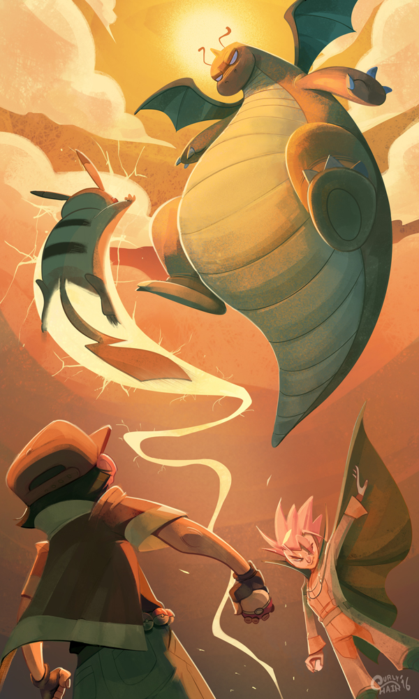 pikachu, red, dragonite, and lance (pokemon and 2 more) drawn by curlypie