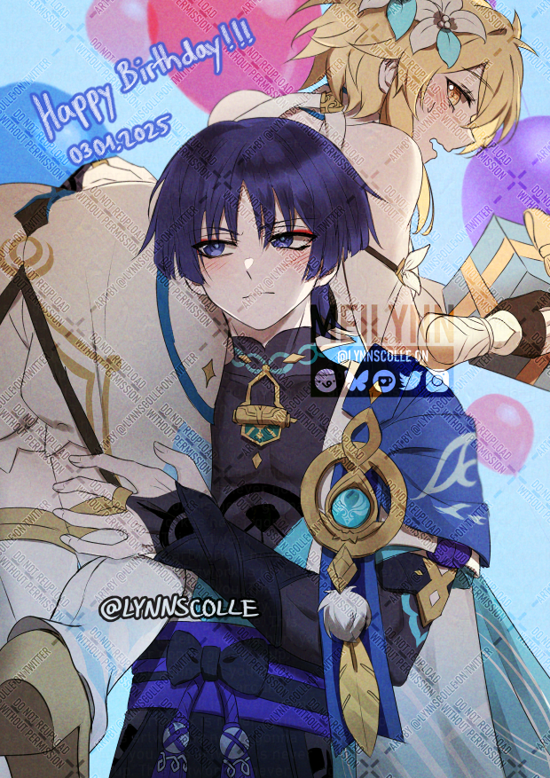 lumine, scaramouche, and wanderer (genshin impact) drawn by meilynn-hayakan