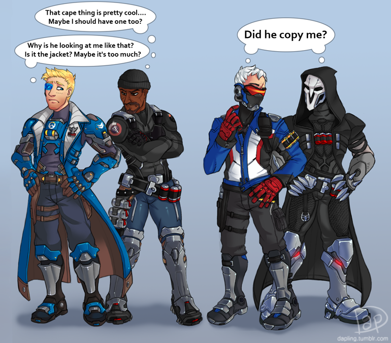 soldier: 76, reaper, blackwatch reyes, and strike commander morrison (overwatch and 1 more) drawn by dapling
