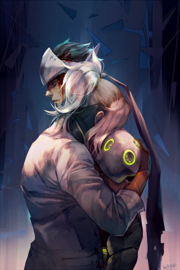 mercy and genji (overwatch and 1 more) drawn by hage2013