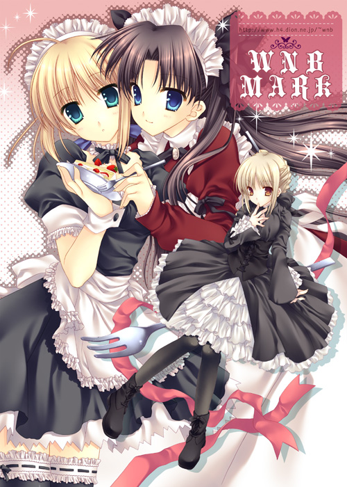 artoria pendragon, saber, tohsaka rin, and saber alter (fate and 1 more) drawn by tatekawa_mako and wnb_mark