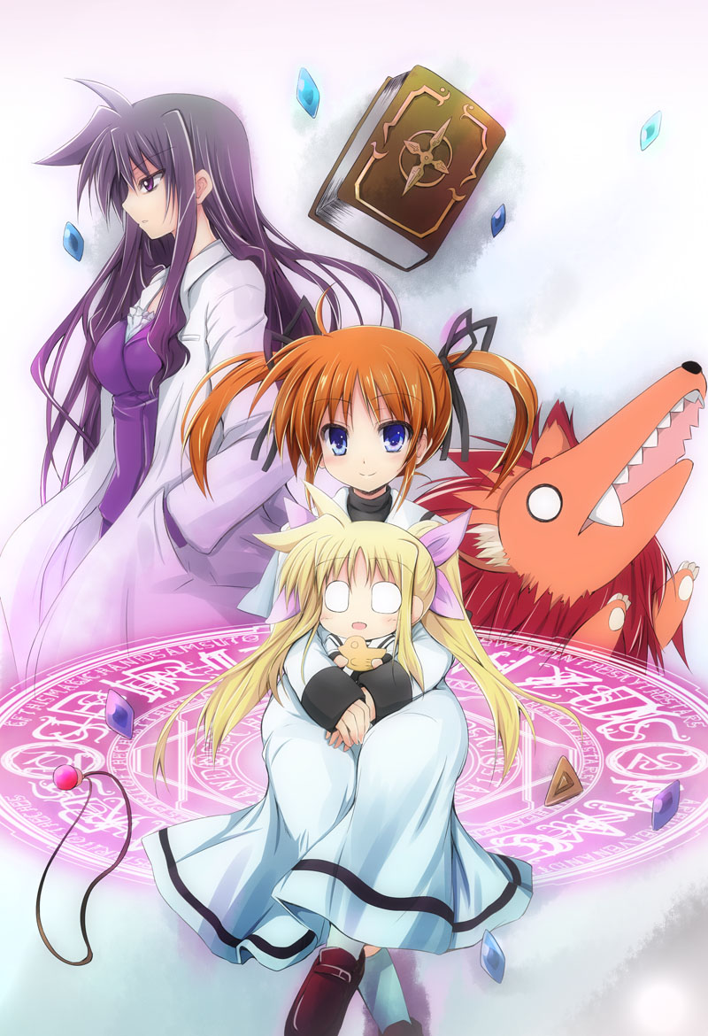 fate testarossa, takamachi nanoha, raising heart, bardiche, tome of the night sky, and 2 more (lyrical nanoha and 1 more) drawn by sen_(astronomy)