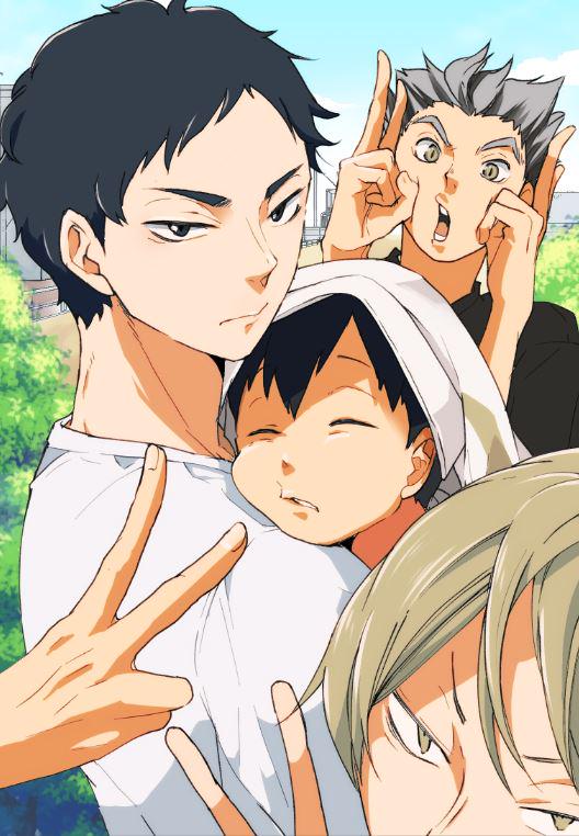 bokuto koutarou, akaashi keiji, kageyama tobio, and konoha akinori (haikyuu!!) drawn by nikuya_(strawberry_seinikuten)