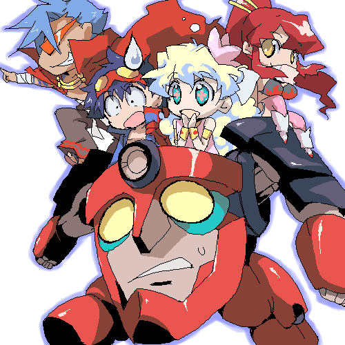 yoko littner, nia teppelin, simon, kamina, and lagann (tengen toppa gurren lagann) drawn by kzon_in