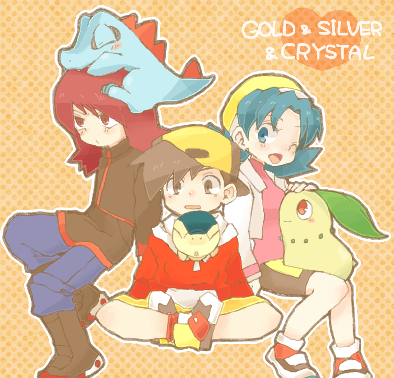 ethan, silver, kris, cyndaquil, chikorita, and 1 more (pokemon and 1 more) drawn by peachchild
