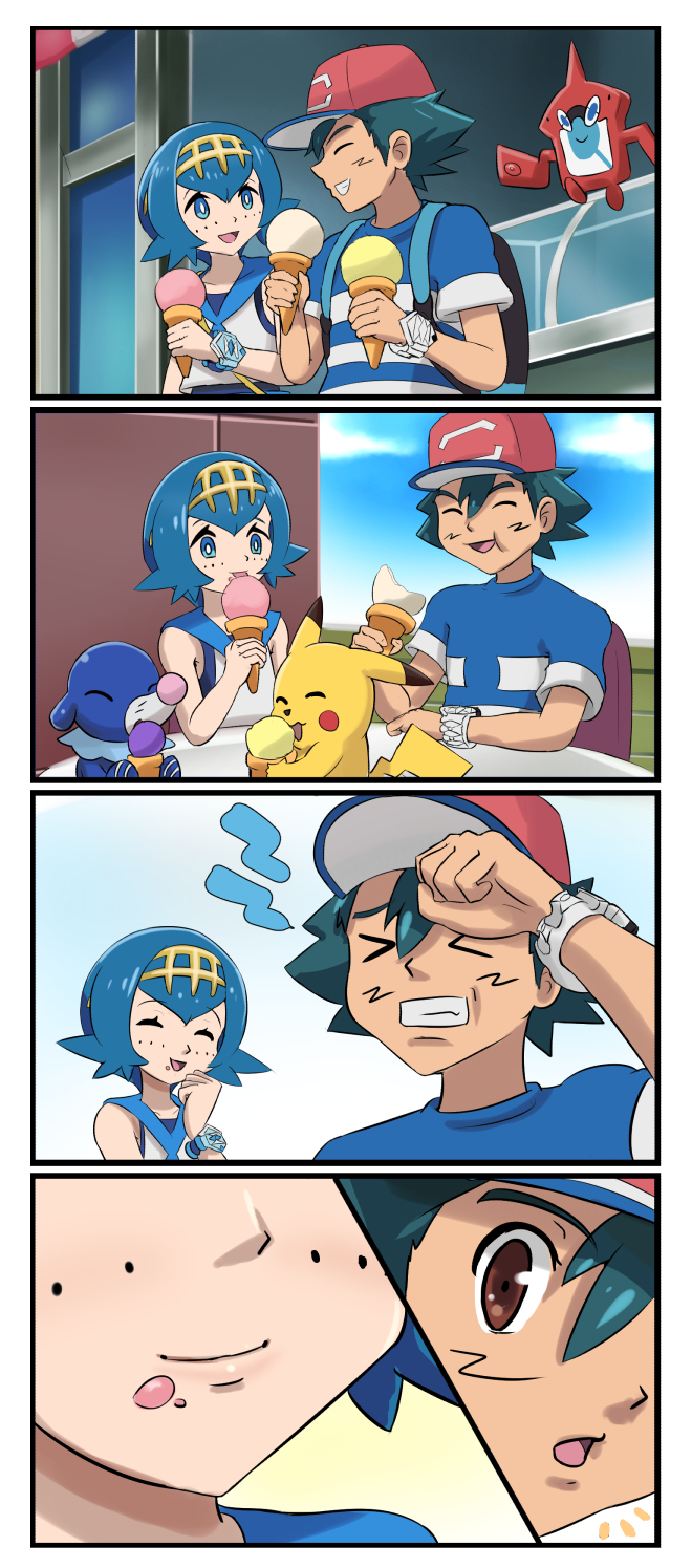 pikachu, ash ketchum, rotom, lana, popplio, and 1 more (pokemon and 1 more) drawn by fuhikari