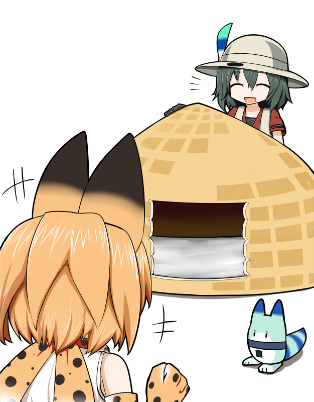 serval, kaban, and lucky beast (kemono friends) drawn by sudou_noboru