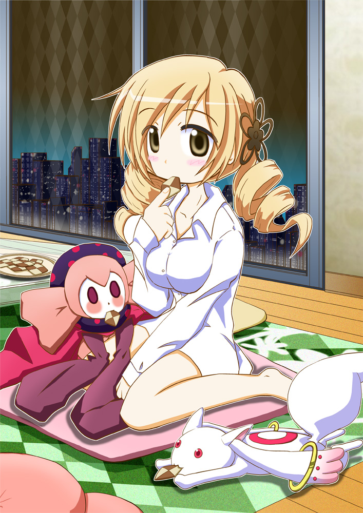 tomoe mami, kyubey, and charlotte (mahou shoujo madoka magica) drawn by shinbun'ya