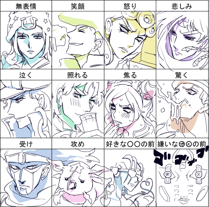 joseph joestar, kujo jotaro, kujo jolyne, giorno giovanna, jonathan joestar, and 6 more (jojo no kimyou na bouken and 8 more) drawn by mapi