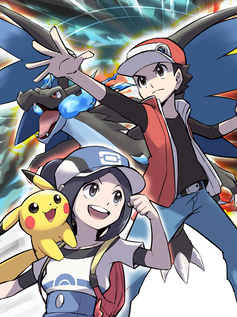 pikachu, red, charizard, mega charizard x, and bettie (pokemon and 1 more) drawn by ayo_(ayosanri009)