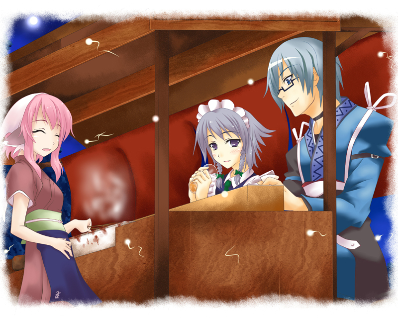 izayoi sakuya, mystia lorelei, morichika rinnosuke, and okamisty (touhou) drawn by ogami_kazuki