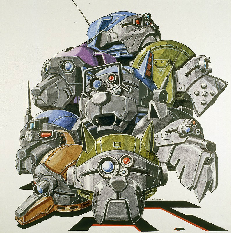 scopedog, strikedog, rabidly dog, purple bear, and strong bacchus (soukou kihei votoms) drawn by ookawara_kunio