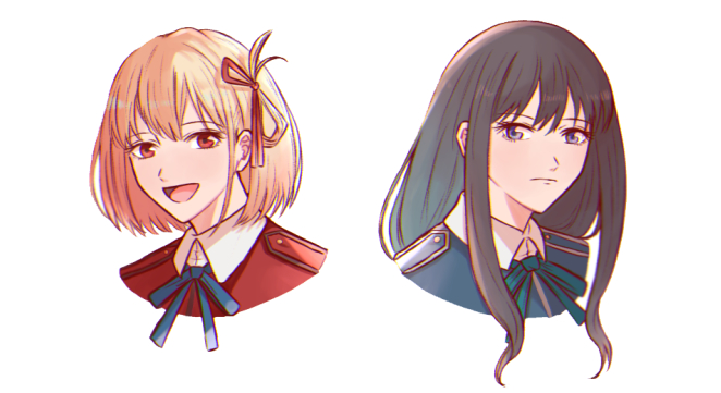 nishikigi chisato and inoue takina (lycoris recoil) drawn by kumabehaso