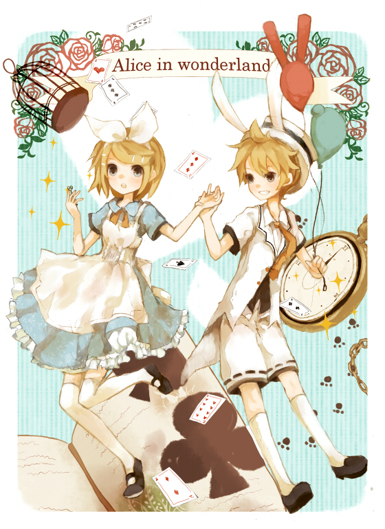 kagamine rin, kagamine len, alice, and white rabbit (vocaloid and 1 more) drawn by mikanniro