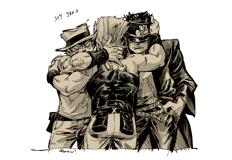 joseph joestar, kujo jotaro, and jean pierre polnareff (jojo no kimyou na bouken and 1 more) drawn by kotteri