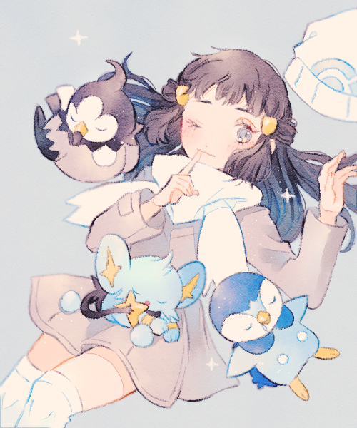 dawn, piplup, shinx, and starly (pokemon and 2 more) drawn by ryokuno_green