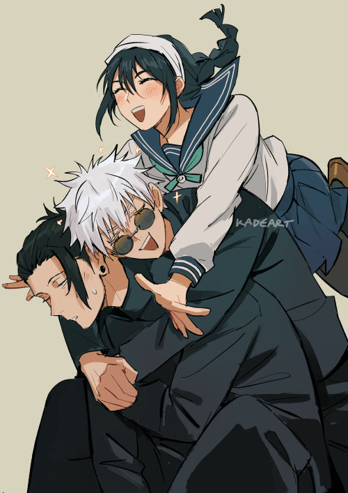 gojou satoru, getou suguru, and amanai riko (jujutsu kaisen) drawn by kadeart