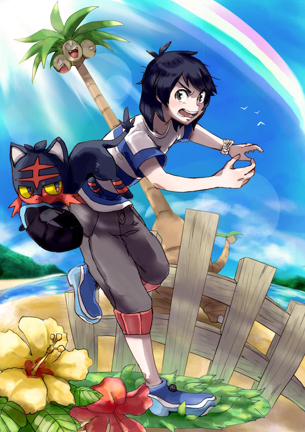 elio, litten, and alolan exeggutor (pokemon and 1 more) drawn by yuuki_223