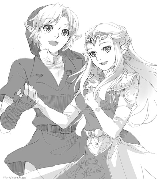 link and princess zelda (the legend of zelda and 1 more) drawn by muse_(rainforest)