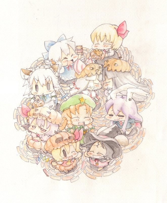 remilia scarlet, flandre scarlet, izayoi sakuya, cirno, reisen udongein inaba, and 5 more (touhou) drawn by baku_taso