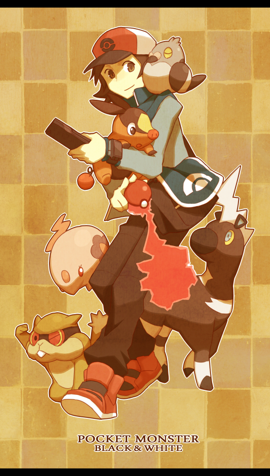 hilbert, tepig, munna, pidove, blitzle, and 1 more (pokemon and 1 more) drawn by yow
