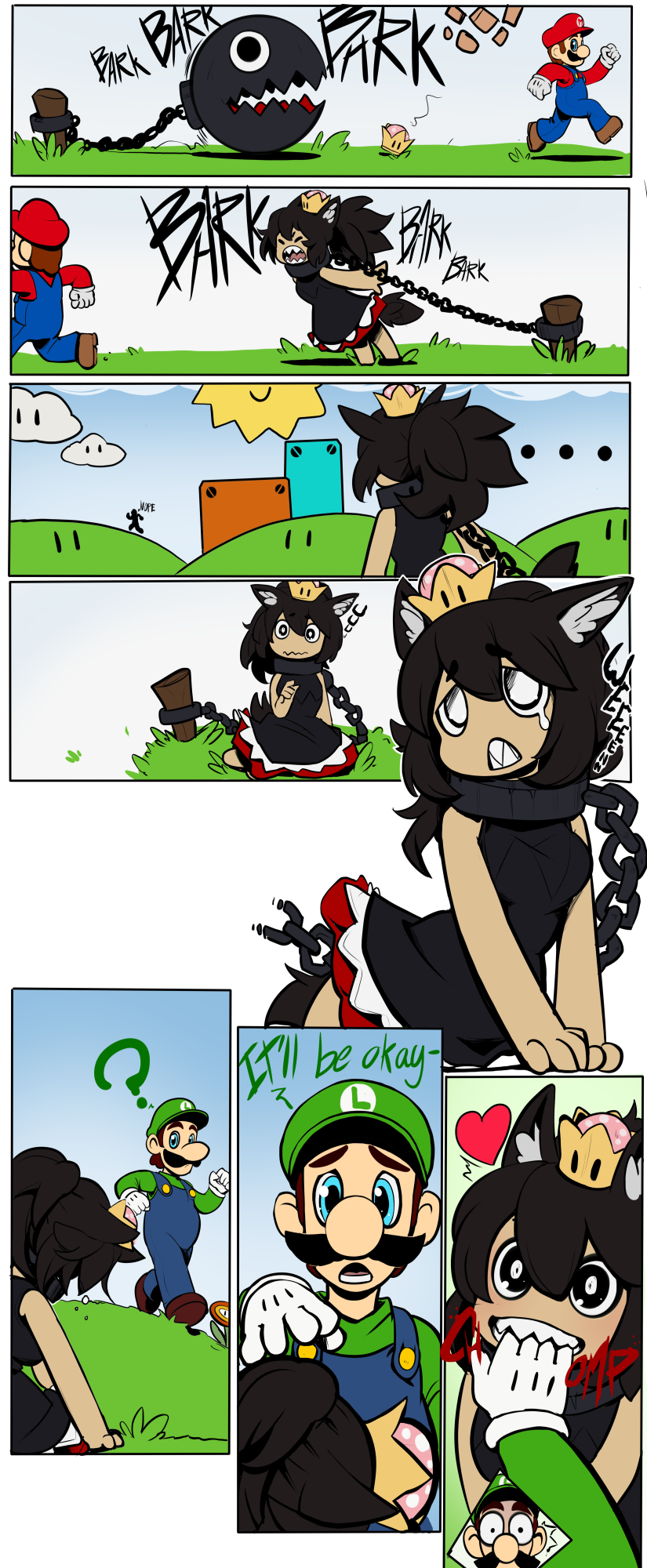 mario, luigi, chain chomp, and princess chain chomp (mario and 1 more) drawn by drow_tales