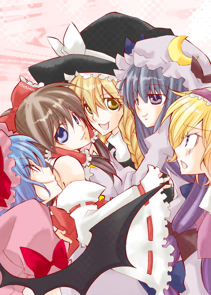 hakurei reimu, kirisame marisa, remilia scarlet, alice margatroid, and patchouli knowledge (touhou) drawn by mao_(alepricos)