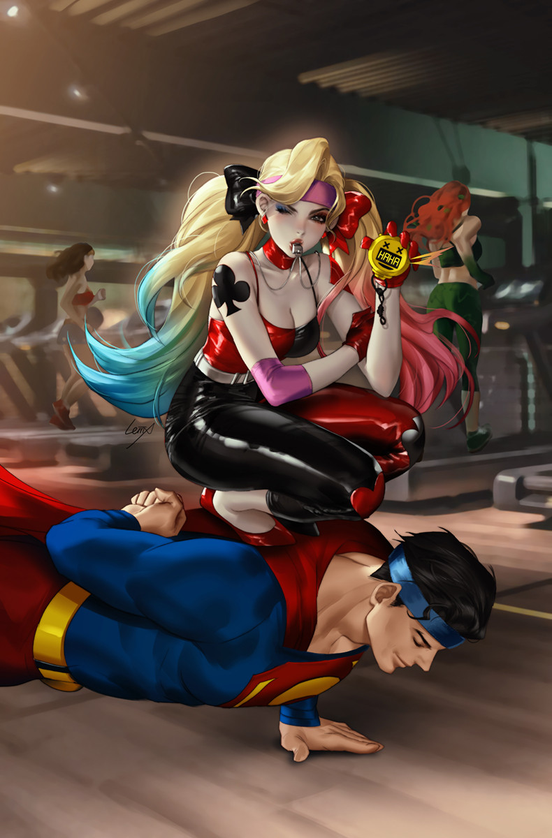 harley quinn, superman, wonder woman, and poison ivy (dc comics) drawn by leirix