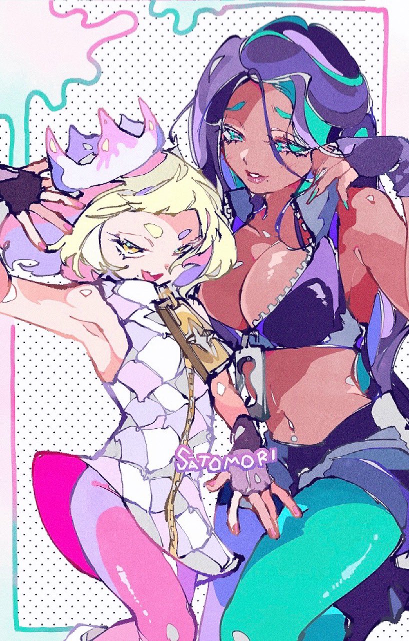 marina and pearl (splatoon and 1 more) drawn by satomori