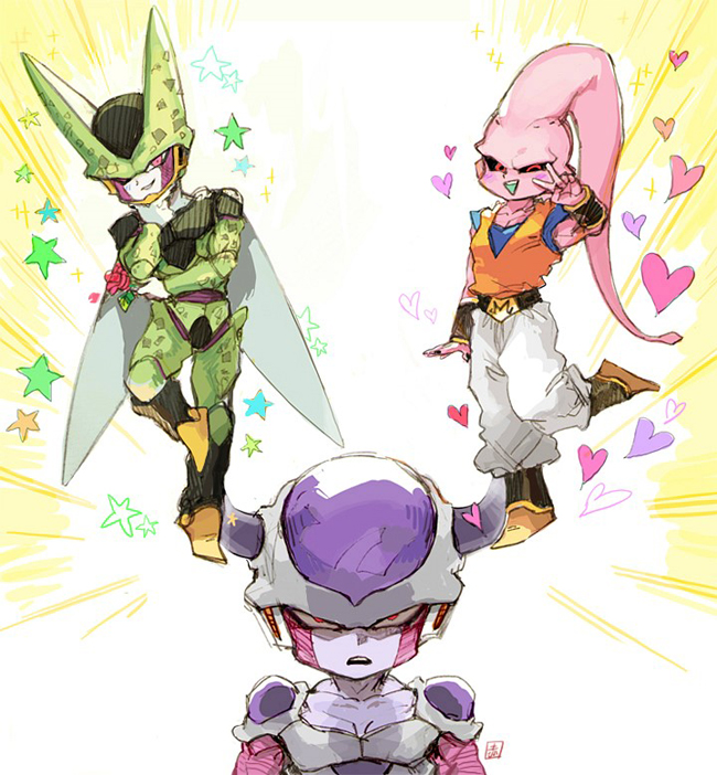frieza, cell, majin buu, perfect cell, super buu, and 1 more (dragon ball and 1 more) drawn by akame_(chokydaum)
