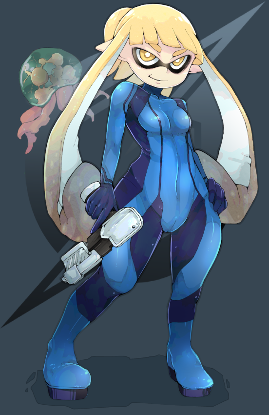 inkling player character, samus aran, metroid, and metroid larva (splatoon and 2 more) drawn by kamaboko_(ossann0125)