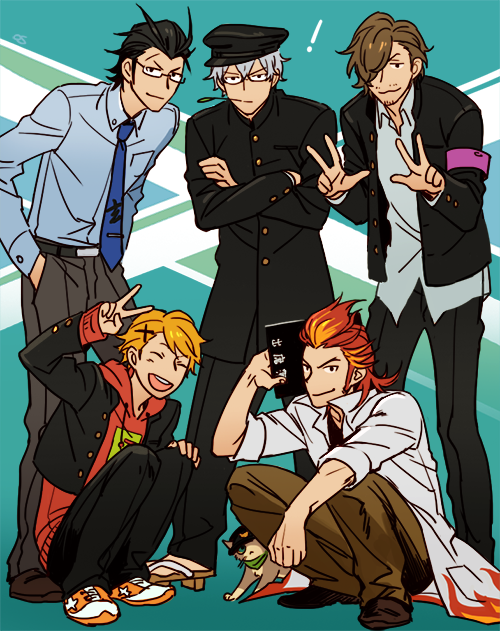 maita rui, yamashita jiro, hazama michio, akai suzaku, kurono genbu, and 1 more (idolmaster and 1 more) drawn by iwa_(iwa000ima)