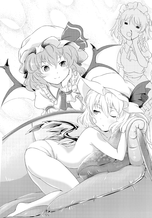 remilia scarlet, flandre scarlet, and izayoi sakuya (touhou) drawn by misashi_(raichi821)