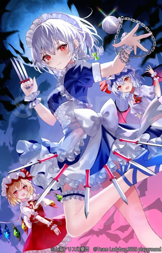 remilia scarlet, flandre scarlet, and izayoi sakuya (touhou) drawn by sakizaki_saki-p