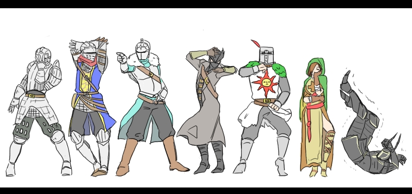 hunter, chosen undead, solaire of astora, bearer of the curse, slayer of demons, and 2 more (jojo no kimyou na bouken and 5 more) drawn by cimanagasi