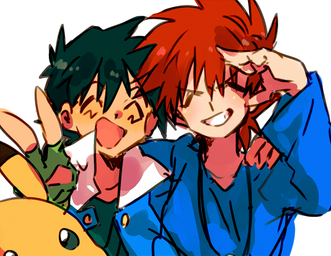 pikachu, ash ketchum, and gary oak (pokemon) drawn by chokota