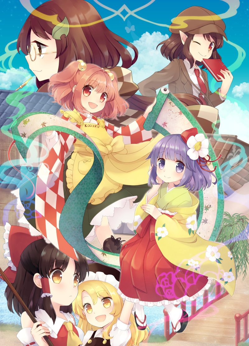 hakurei reimu, kirisame marisa, shameimaru aya, hieda no akyuu, futatsuiwa mamizou, and 1 more (touhou and 1 more) drawn by sen1986
